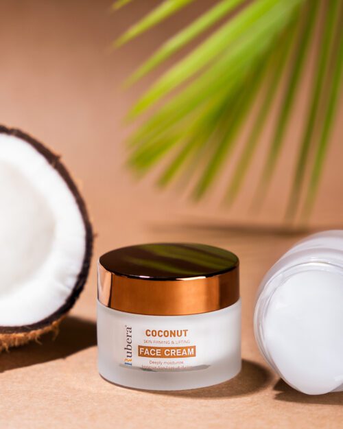 Rubera Coconut Face Cream – Firming and lifting moisturizer with coconut extract, displayed with natural coconut and palm leaves for a tropical skincare theme.