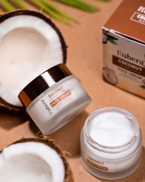 Rubera Coconut Face Cream – Firming and lifting moisturizer with coconut extract, displayed with natural coconut and palm leaves for a tropical skincare theme.
