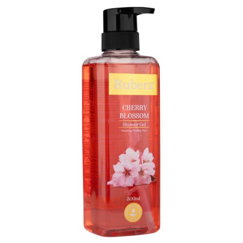 Rubera Cherry Blossom Shower Gel – 1000ml bottle with a floral cherry blossom-themed label, placed against a soft pink background with cherry blossoms in the frame.