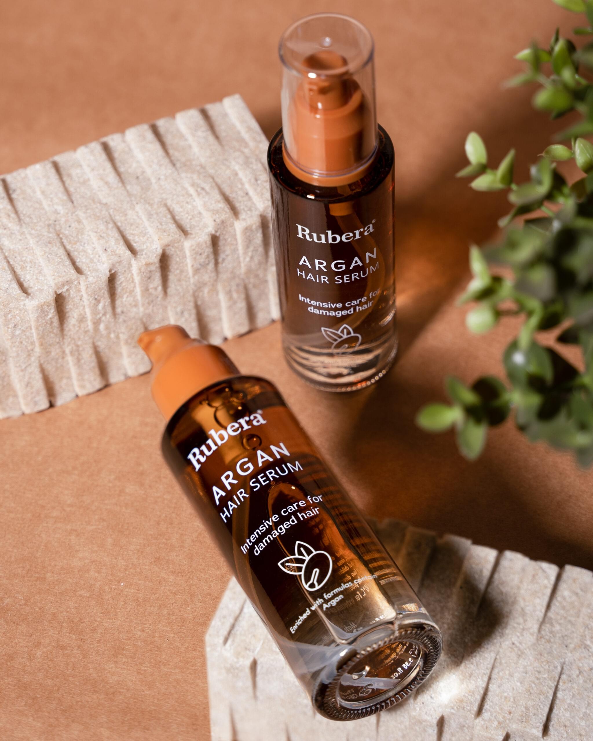 Rubera Hair Serums – Argan, Vitamin E, Keratin, and Walnut variants, designed for intensive care for damaged hair, displayed in a natural setting