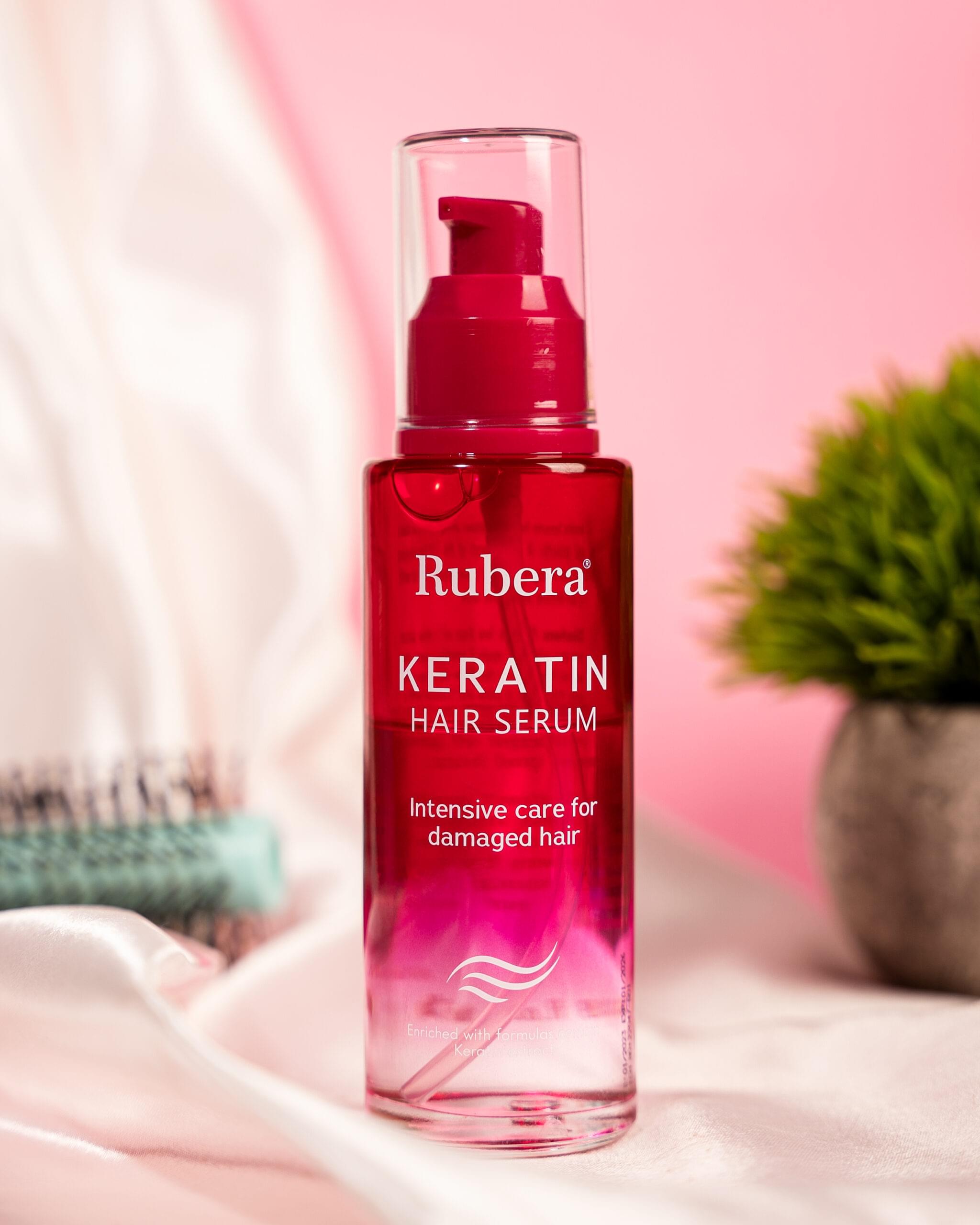 Keratin Serum | Great Time For Best Look| Hair Serum (100ml) 1 Rubera Hair Serums – Argan, Vitamin E, Keratin, and Walnut variants, designed for intensive care for damaged hair, displayed in a natural setting